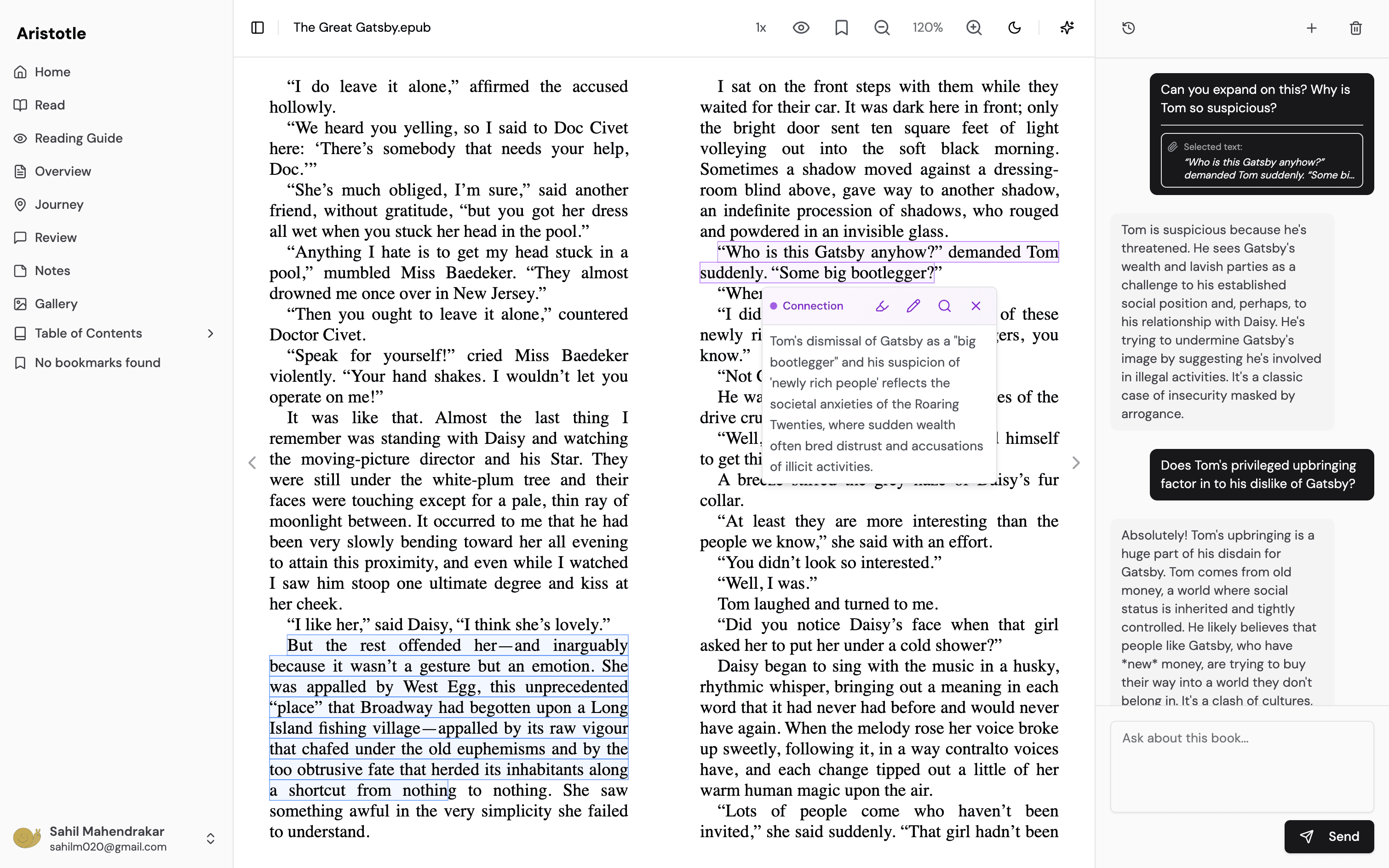 Aristotle reader interface showing highlighted text, inline insights, and chat sidebar