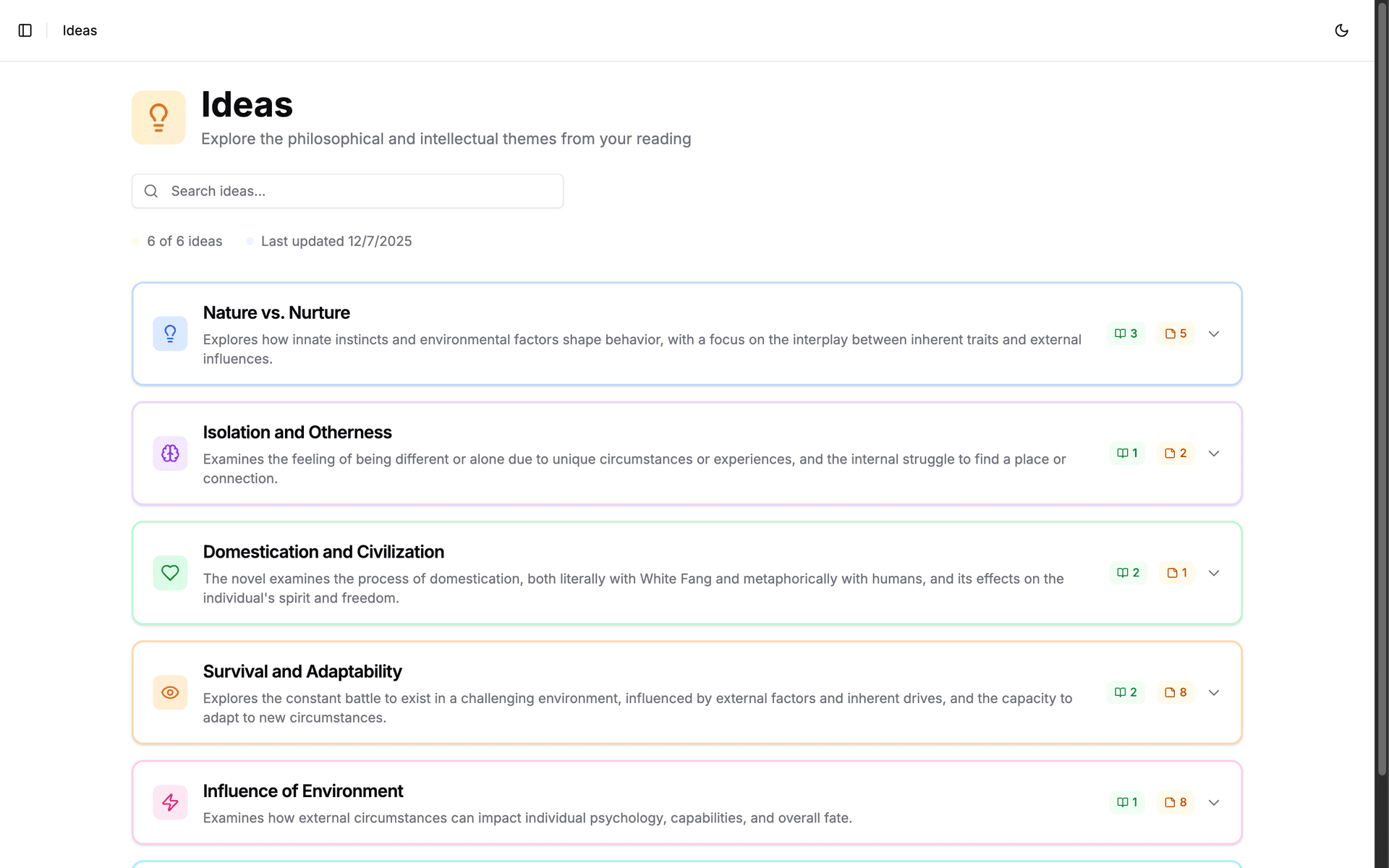 Explore themes and ideas, and how they change over time based on your interactions with the site.
