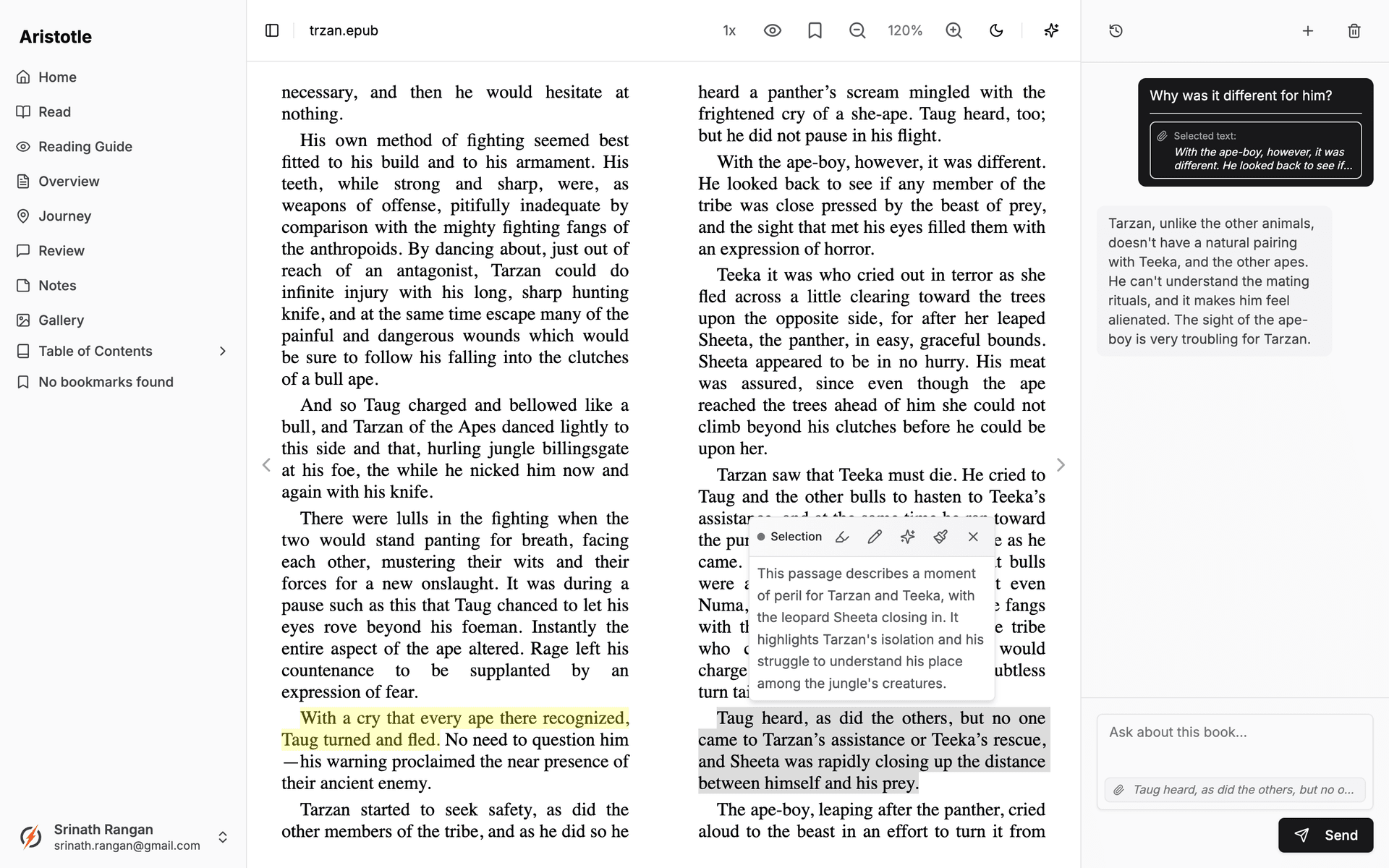 Maintain chats across books when you want to interact with Aristotle about deeper meanings- spoiler free!