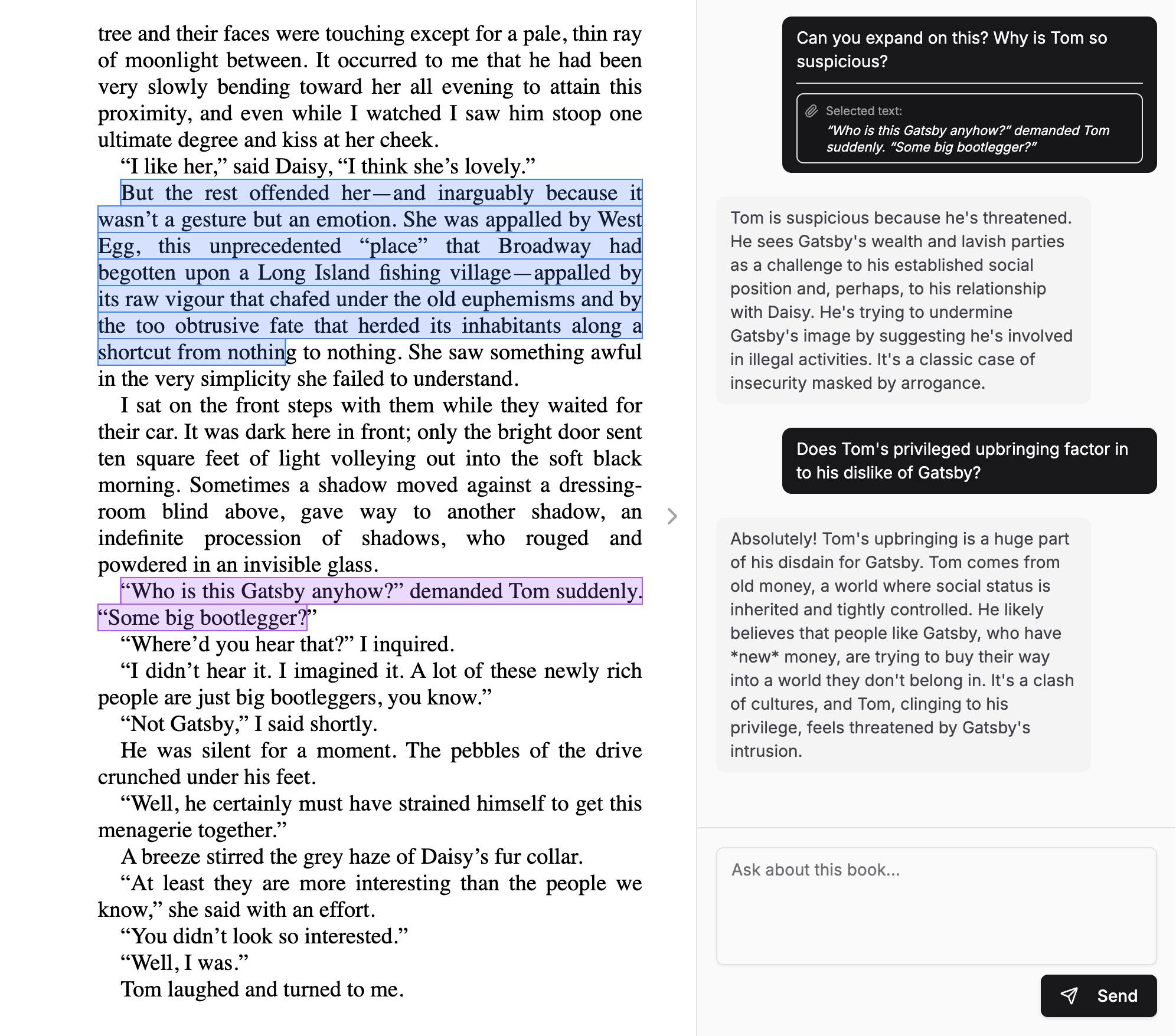 Book page with highlight, 'Ask Aristotle' button, and chat sidebar with 'No spoilers' badge