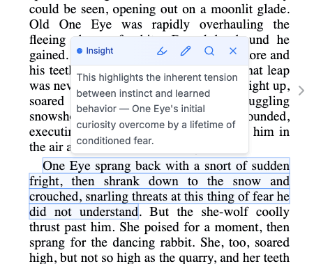 Page view with highlighted sentence and compact inline insight bubble